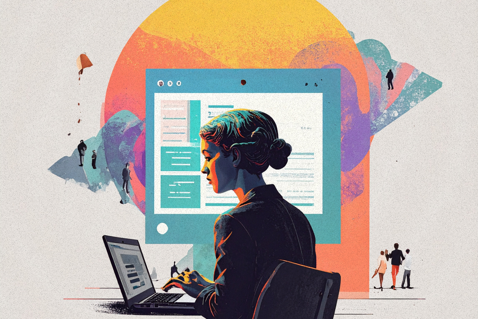 Editorial-style illustration of a woman working on a laptop with a large digital interface behind her, symbolizing online activity and safety. Small figures around the scene represent the broader public.
