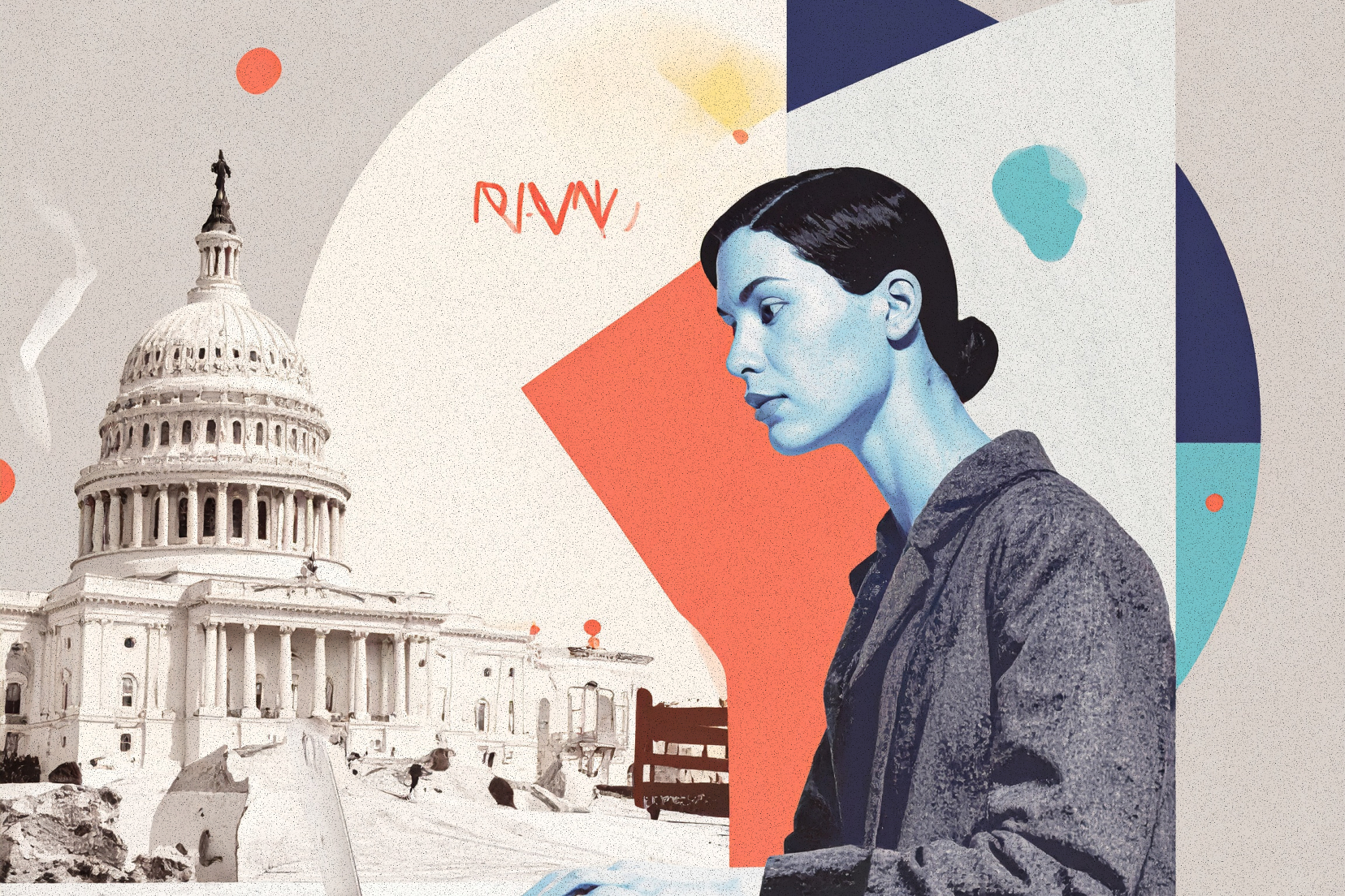 woman working on computer with government building in background. photo illustration.