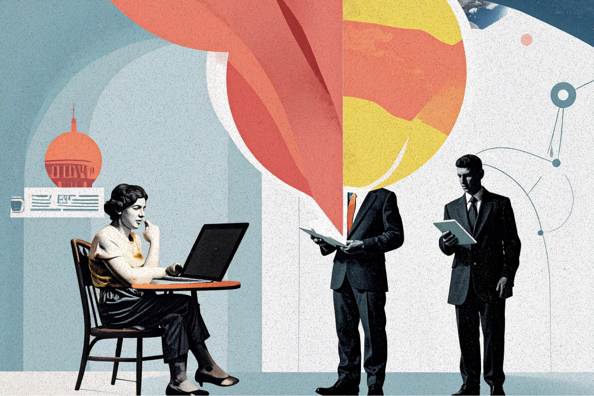 Photo illustration of people consuming technology from mobile devices.