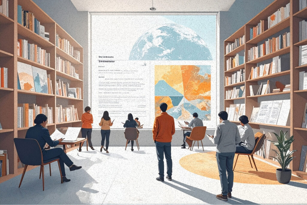 illustration showing individuals surrounded by research and data