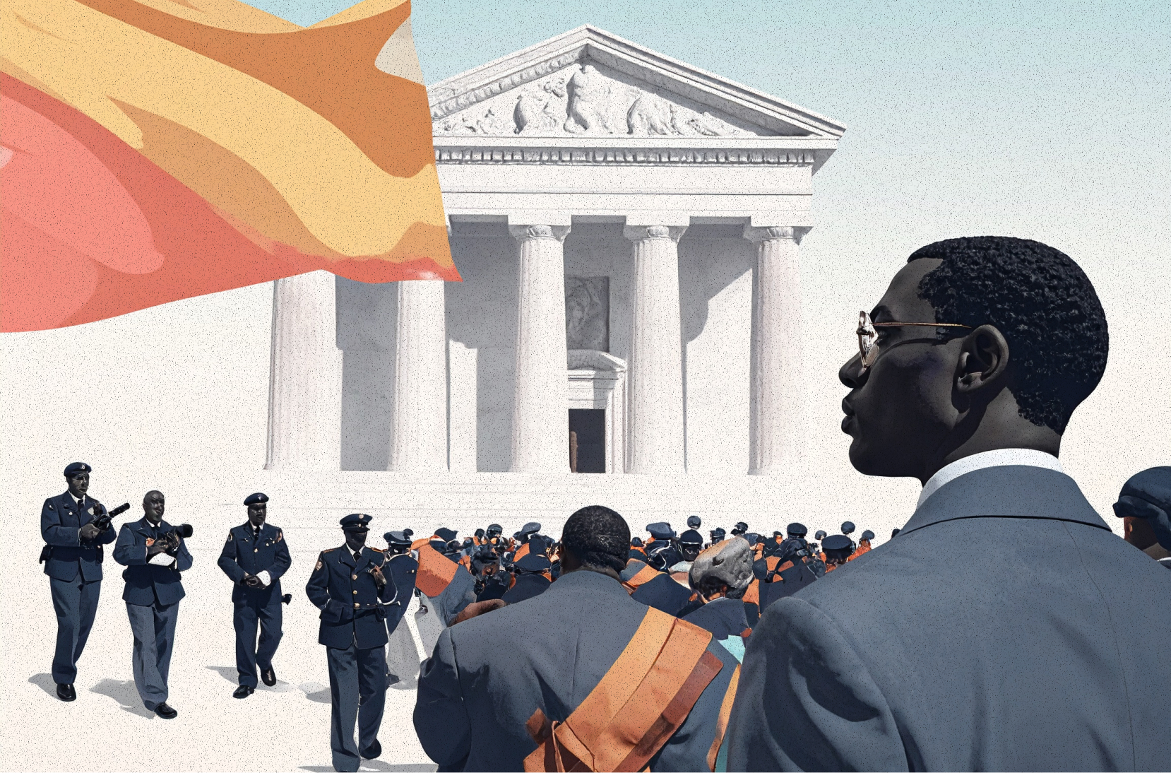 people standing by military officials and a government building