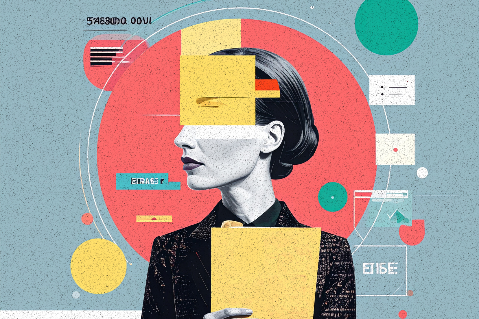 Editorial-style illustration of a woman with fragmented, overlapping shapes obscuring her face, symbolizing synthetic media and deepfakes.